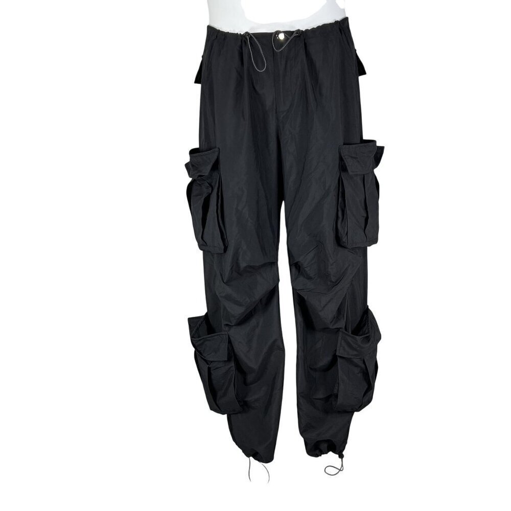 Black Hip Hop Women Baggy Multi Pocket Utility Pants Elastic Cord Waist Gorpcore